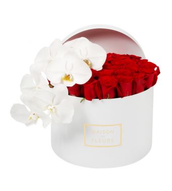 Red Roses With A White Orchid Stem In A 30 cm White Round Box