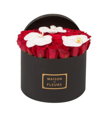 Red Roses With White Orchid Blooms In A 30 cm Black Round Box