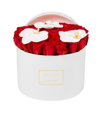 Red Roses With White Orchid Blooms In A 30 cm White Round Box