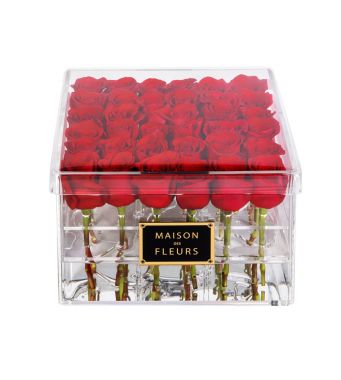 36 Fresh Red Roses In A 30 cm Square Acrylic Box