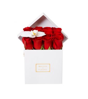 Red Roses And 1 Orchid Bloom In A 15 cm White Square Box