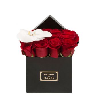 Red Roses And 1 Orchid Bloom In A 15 cm Black Square Box