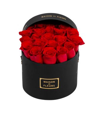Red Roses In A 20 cm Black Round Box