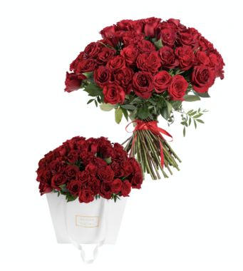 60 red roses and greenery